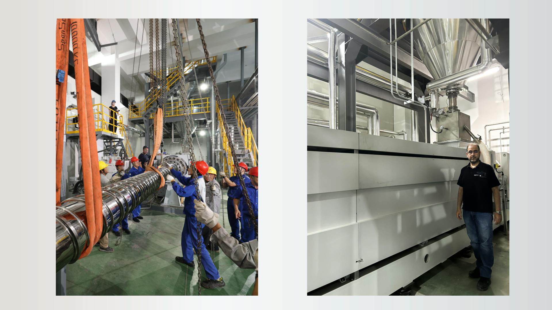 Workers with a 360mm extruder screw (right) and a person stands in front of the extruder (left)