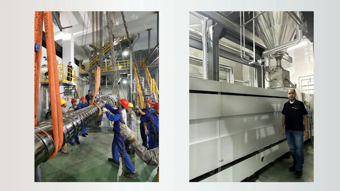 Workers with a 360mm extruder screw (right) and a person stands in front of the extruder (left)