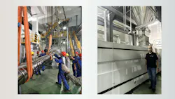 Workers with a 360mm extruder screw (right) and a person stands in front of the extruder (left) Workers with a 360mm extruder screw (right) and a person stands in front of the extruder (left)