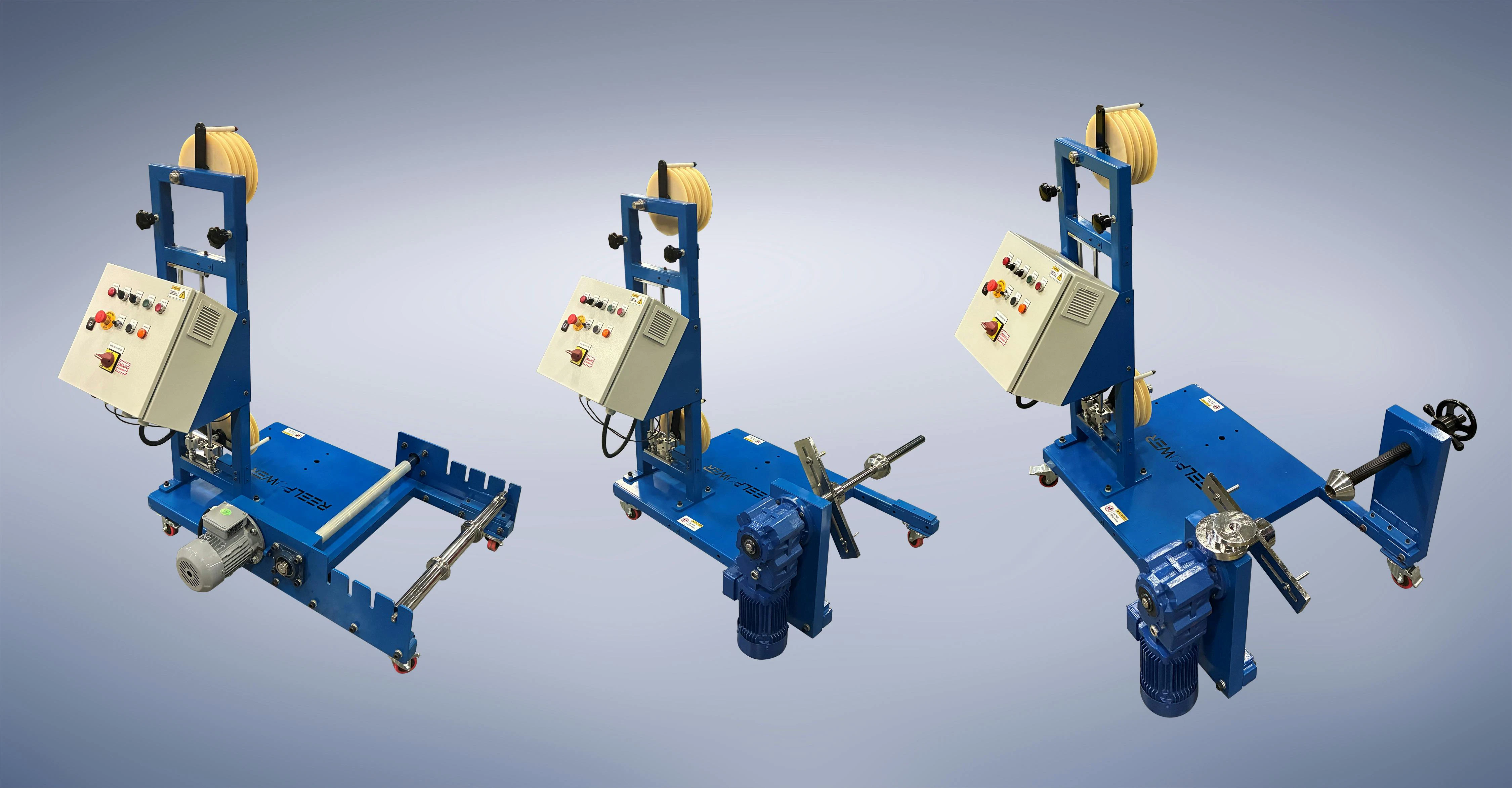 From left, the Rim Drive, Shafted and Shaftless Light Duty Payout systems from Reel Power.