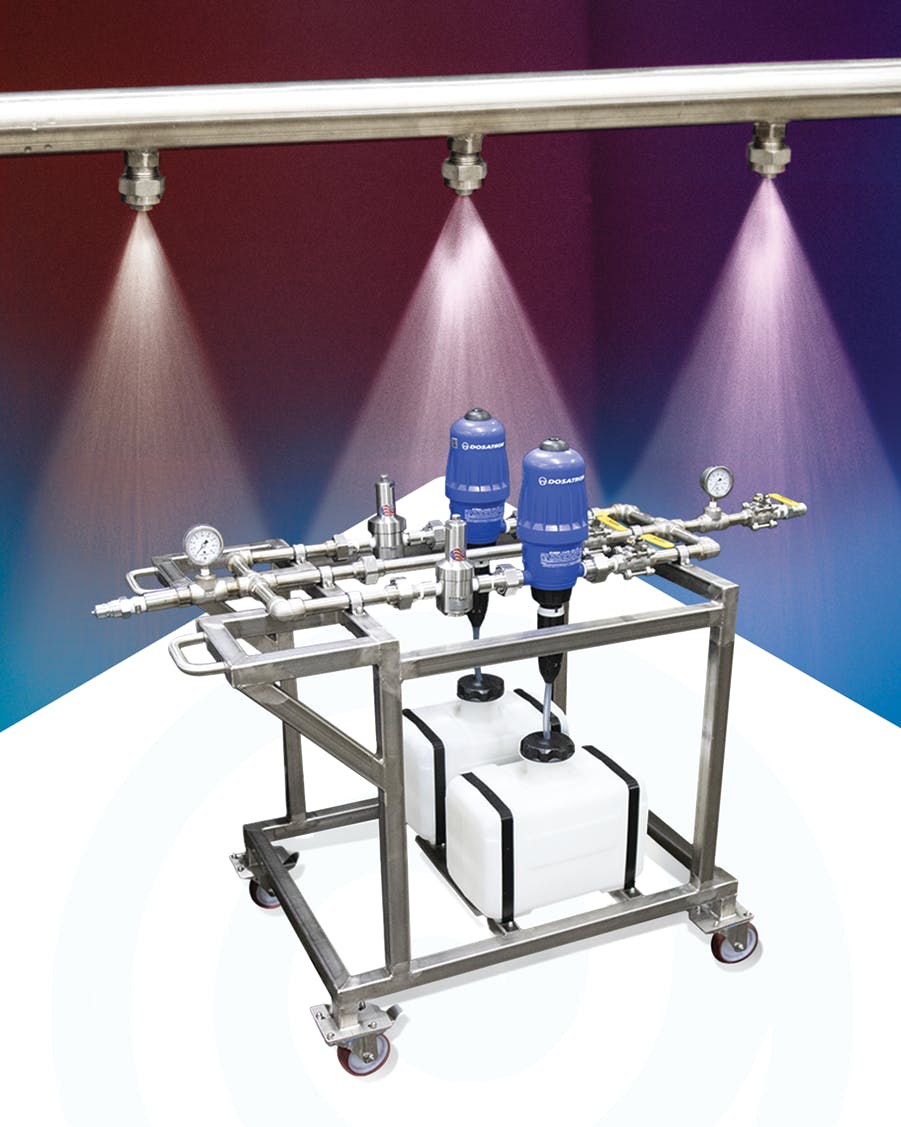 The Bete FlexiSan holds two different cleaning liquids, and the spray header can connect to a facility's water supply.