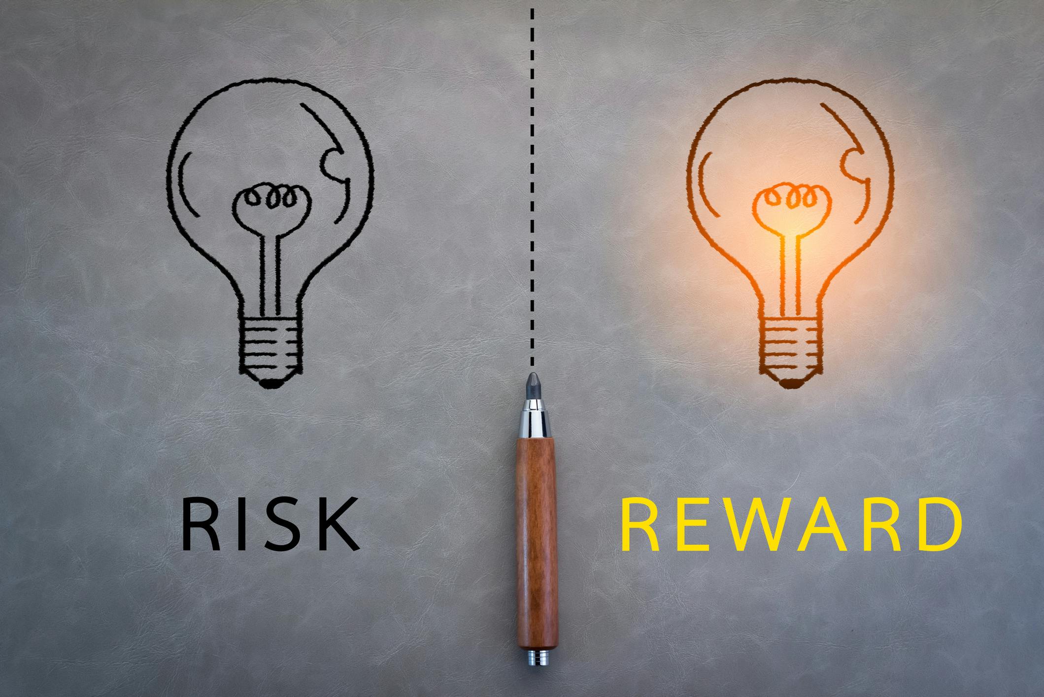Drawing of two light bulbs marked 'Risk' and 'Reward'