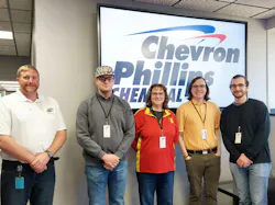 On Dec. 17, members of a Pittsburg State University class visited Chevron Phillips Chemical in Bartlesville, Okla., to learn more about blow molding. From left to right: Chevron Phillips technical service engineer Justin Lumbley, a Division board member and PSU alumnus; Hayden Sprague, Jeanne Norton, Tyler Glass and Jacob Culross, all of PSU. On Dec. 17, members of a Pittsburg State University class visited Chevron Phillips Chemical in Bartlesville, Okla., to learn more about blow molding. From left to right: Chevron Phillips technical service engineer Justin Lumbley, a Division board member and PSU alumnus; Hayden Sprague, Jeanne Norton, Tyler Glass and Jacob Culross, all of PSU.