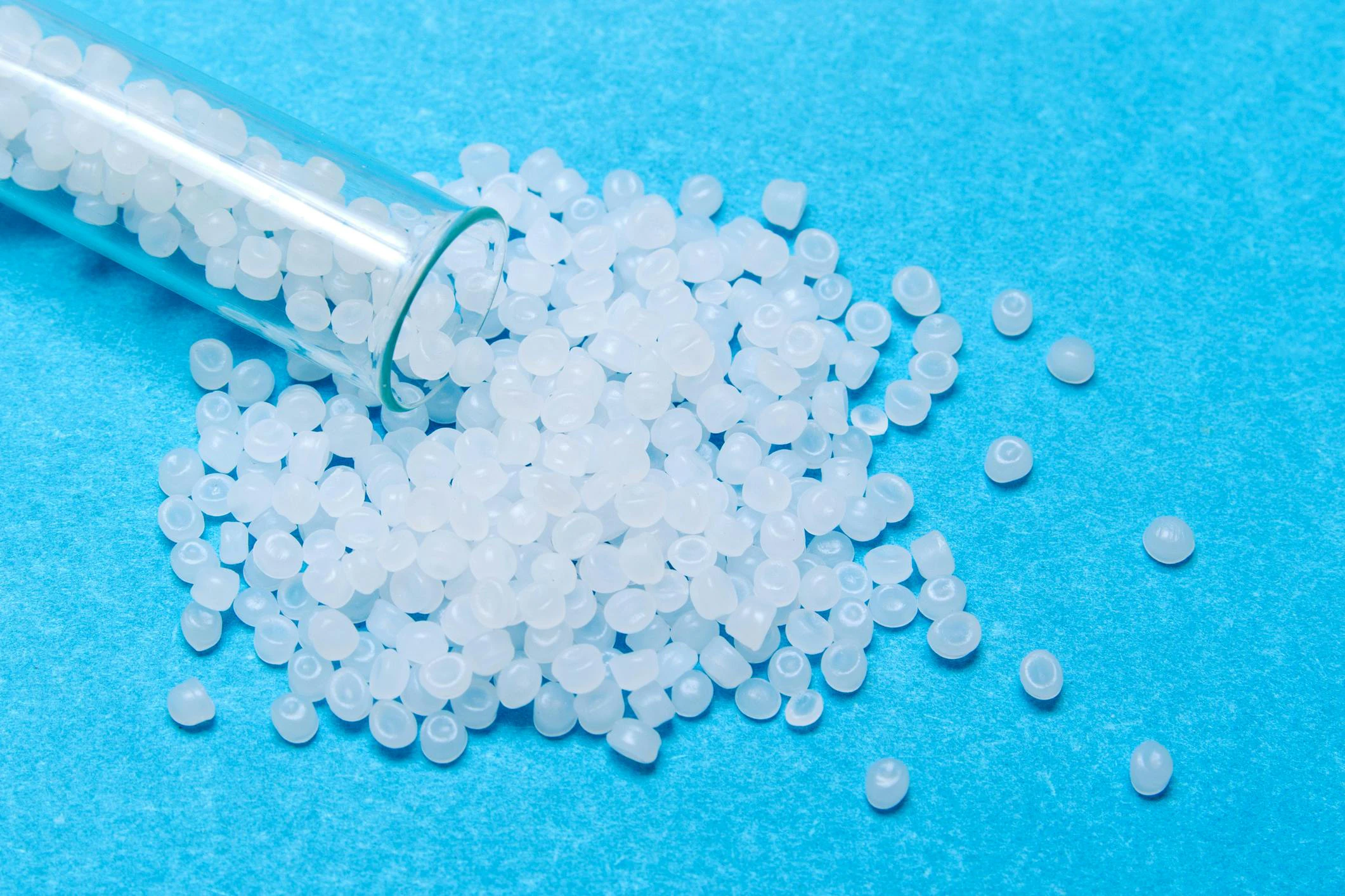 Pellets of clear polyethylene resin.