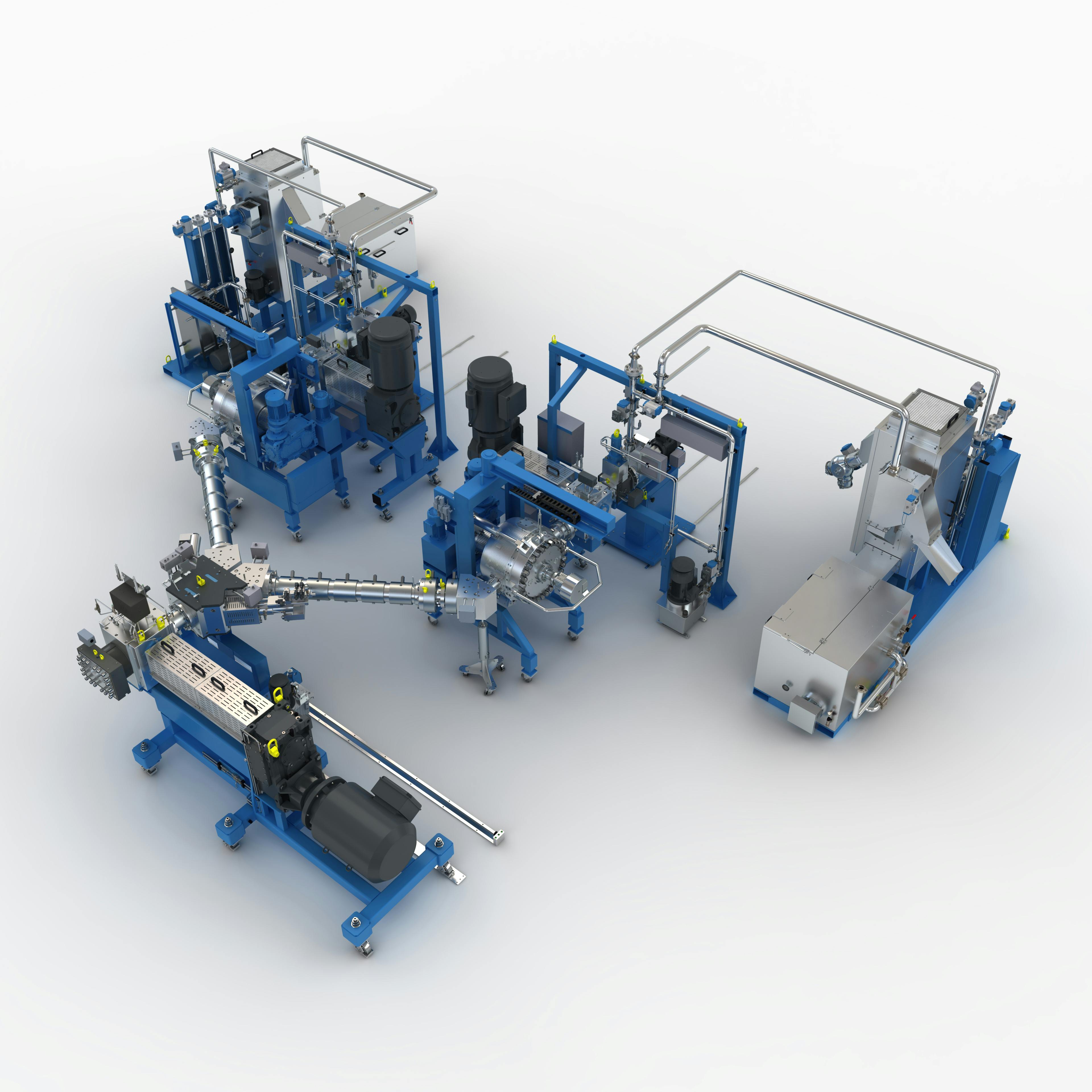 Combining equipment from Fimic and Nordson BKG, the CFO-Line recycling system features two underwater pelletizers, an extruder, gear pump, valve, two filters and two gear pumps.