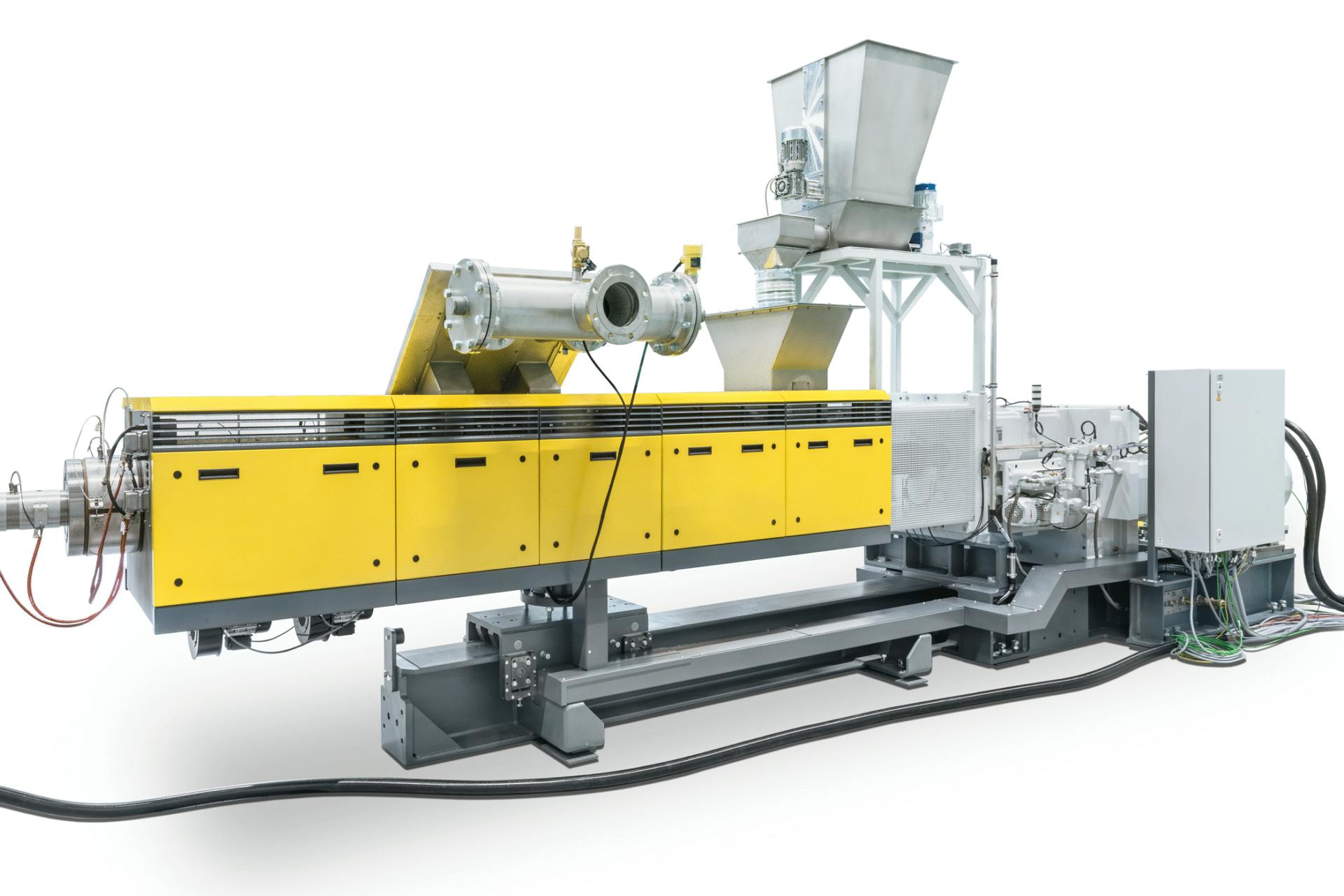 Designed for processing pre-dried flakes, Next Generation Recycling's new Eco-Twin 220 conical twin-screw extruder has synchronous motors that allow precise control of dosing by detecting torque fluctuations.