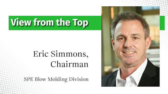 Column sig with mugshot of Eric Simmons, chairman of SPE Blow Molding Division