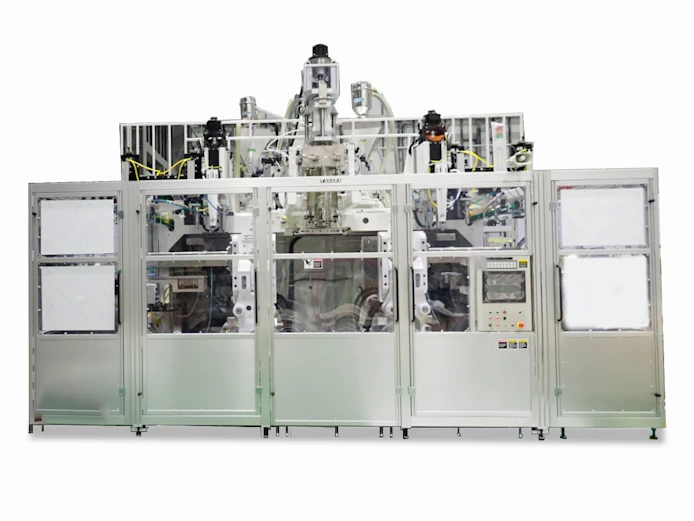 Tahara's TJD25B-M fully electric extrusion blow molding machine has a double-station configuration and post-cooling unit.