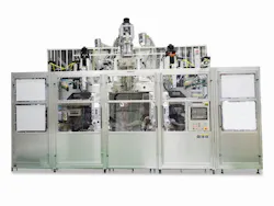 Tahara's TJD25B-M fully electric extrusion blow molding machine has a double-station configuration and post-cooling unit. Tahara's TJD25B-M fully electric extrusion blow molding machine has a double-station configuration and post-cooling unit.