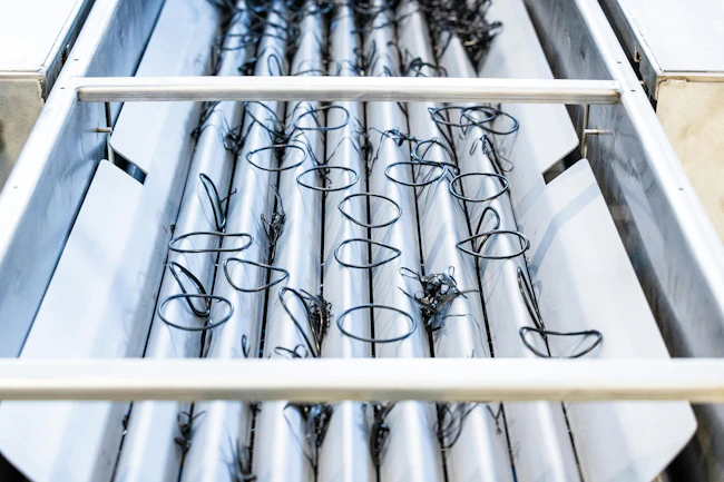 In the three-stage separation section, O-rings and other molded parts are separated from gating and overflow material.