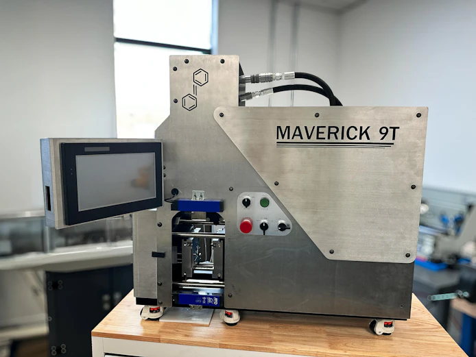 The Maverick 9T is a benchtop injection molding machine with 9 tons of clamping force.
