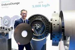 Erema Managing Director Markus Huber-Lindinger shows off the new LF 812 laser filter on the Erema stand at K 2025. Erema Managing Director Markus Huber-Lindinger shows off the new LF 812 laser filter on the Erema stand at K 2025.