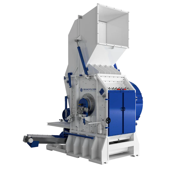 Bruno Folcieri's EZ10 granulator weighs 38 tons, stands more than 21 feet high and is described as a full-scale grinding plant designed to operate 24/7.