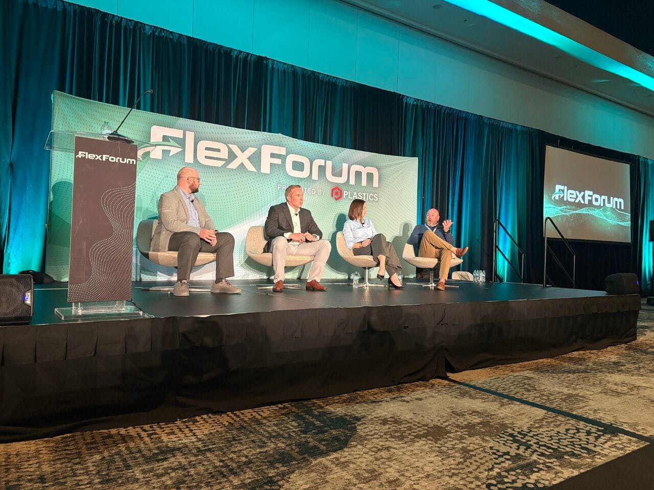 A panel at FlexForum 2026 featured, from left, Patrick Krieger and Kurt Kurzawa from PLASTICS, Anne-Marie Shough of ExxonMobil and Ryan Hatch of 1800-GOTJUNK.