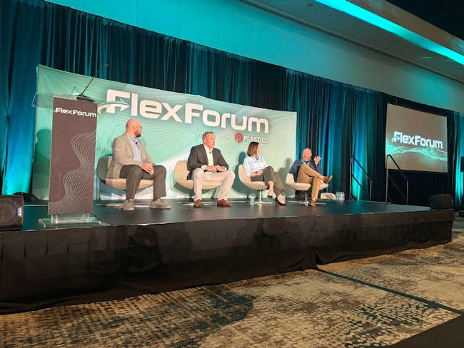 A panel at FlexForum 2026 featured, from left, Patrick Krieger and Kurt Kurzawa from PLASTICS, Anne-Marie Shough of ExxonMobil and Ryan Hatch of 1800-GOTJUNK.