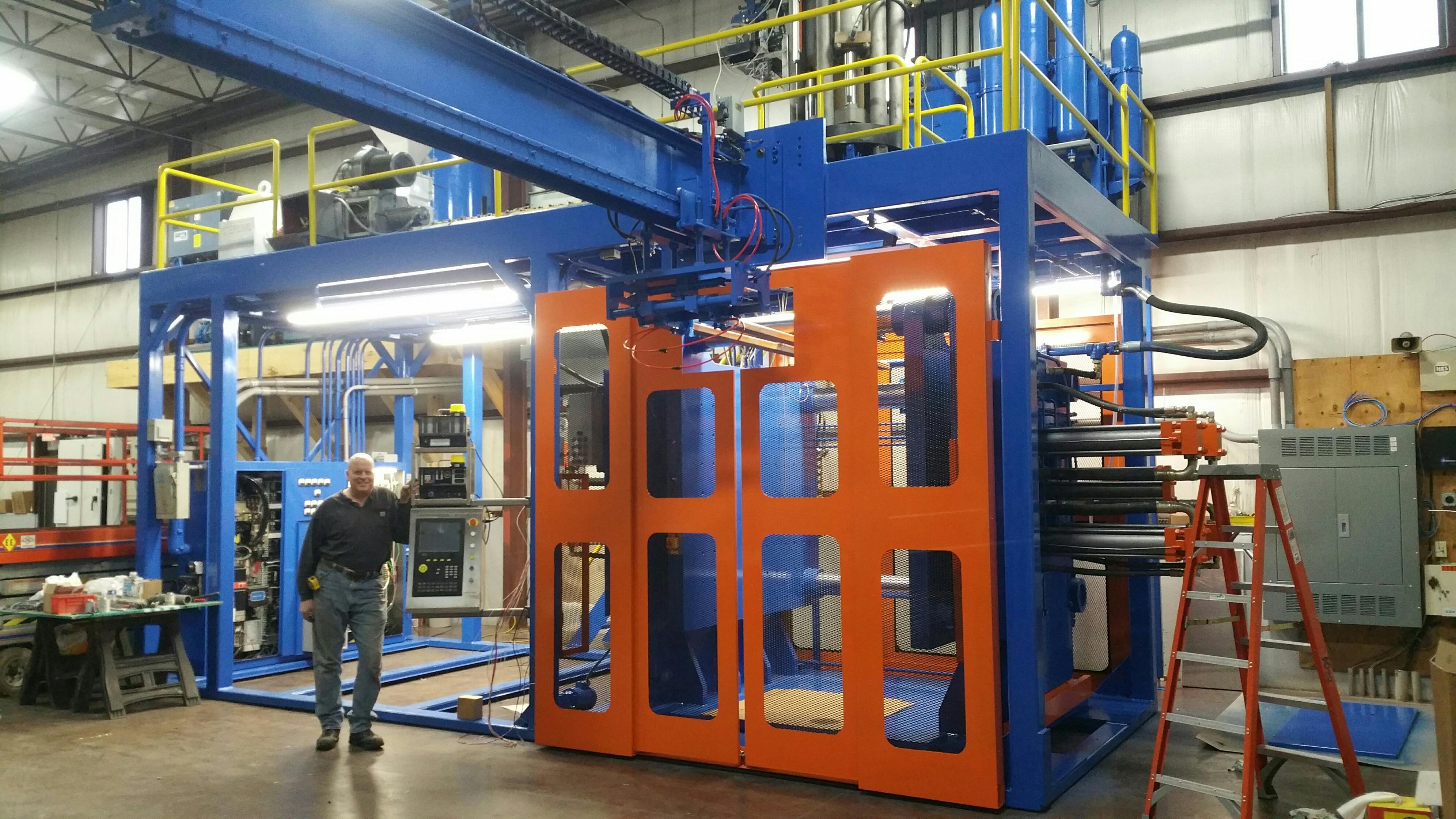 Inventor and entrepreneur Jim Bradac makes his blow molded products on this Sterling machine he refurbished.