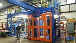 Inventor and entrepreneur Jim Bradac makes his blow molded products on this Sterling machine he refurbished. Inventor and entrepreneur Jim Bradac makes his blow molded products on this Sterling machine he refurbished.