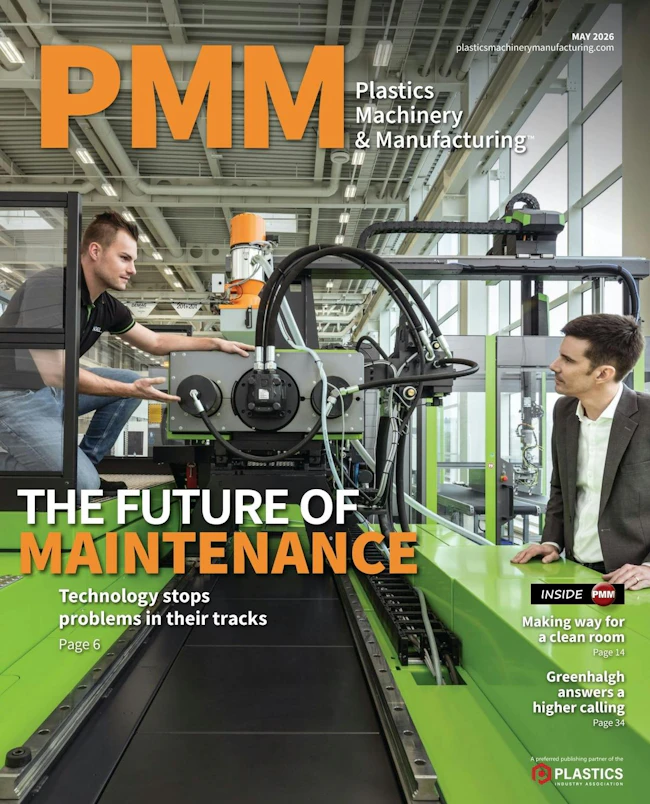 Cover of May 2026 issue of PMM showing two technicians and an injection molding machine