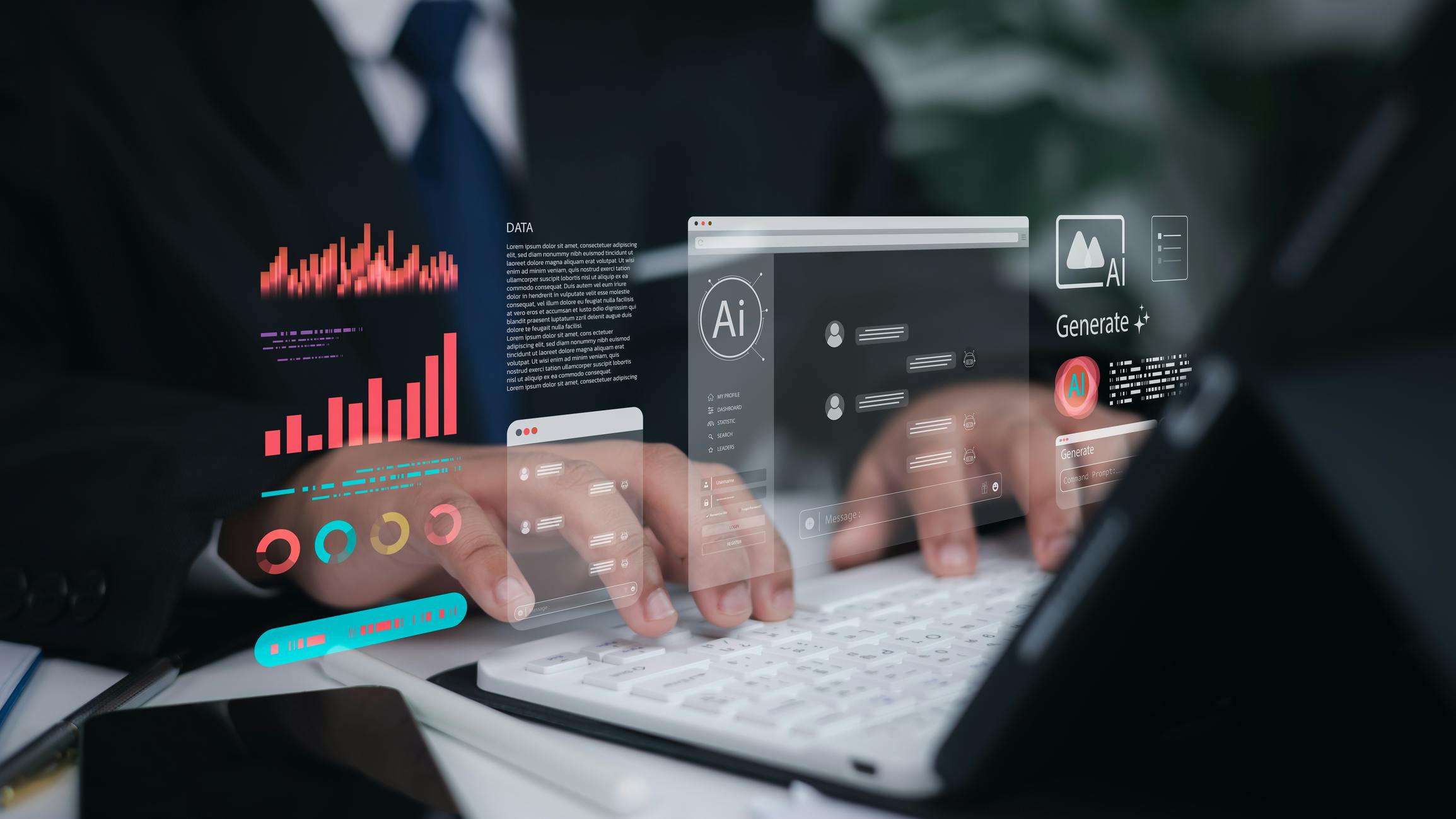 Hands type on a laptop overlaid with images evoking AI.