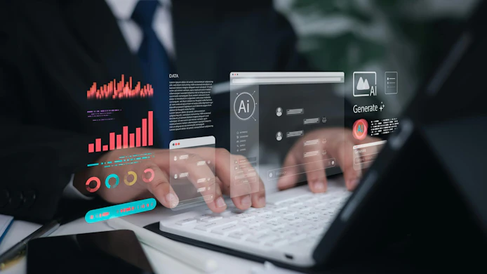 Hands type on a laptop overlaid with images evoking AI.