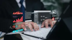 Hands type on a laptop overlaid with images evoking AI.