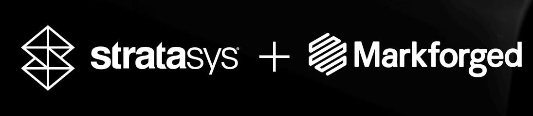 White logos for Stratasys and MarkForged on black background