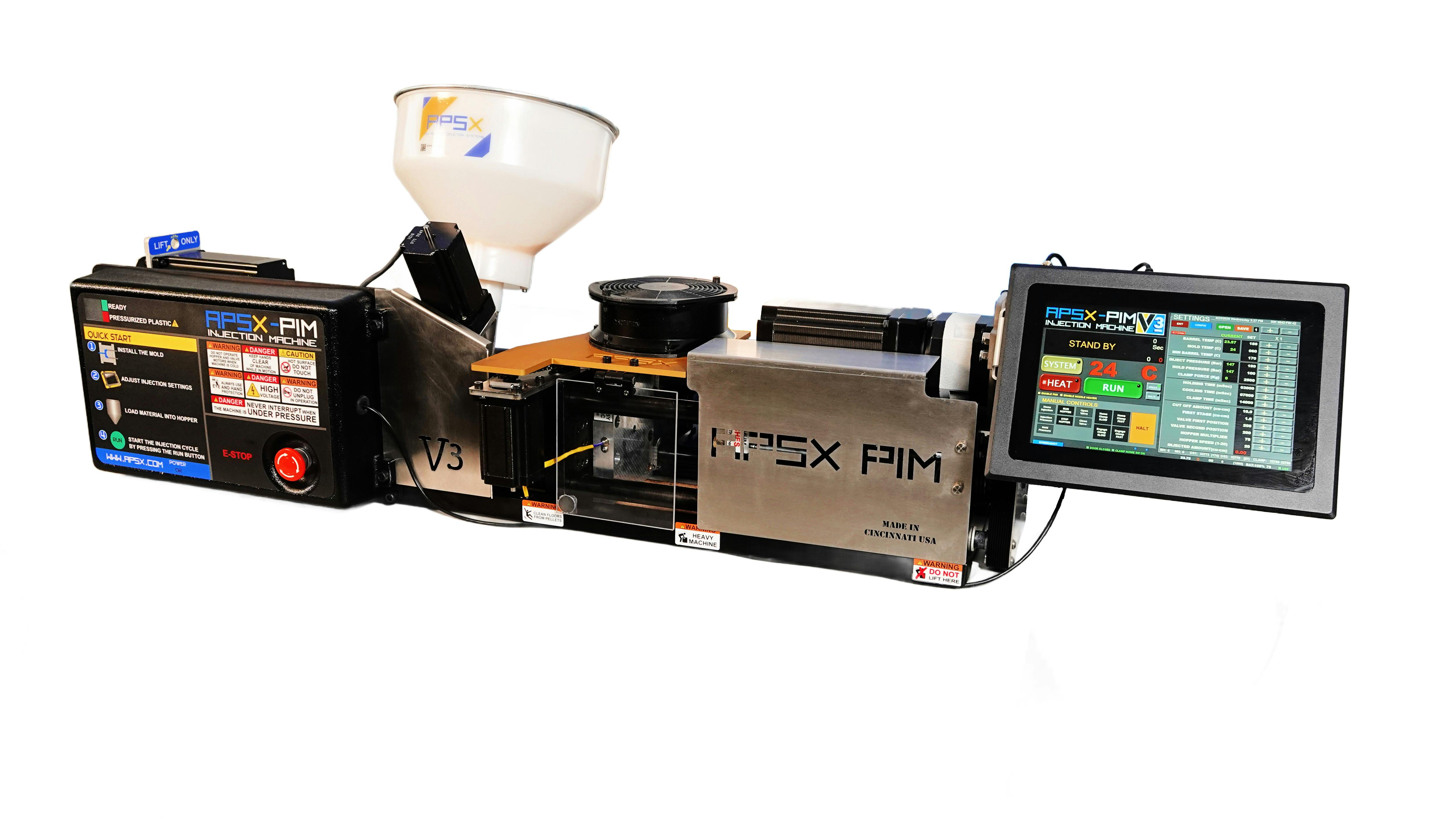 The APSX-PIM is an automatic, heavy-duty desktop IMM for continuous or single-cycle production.