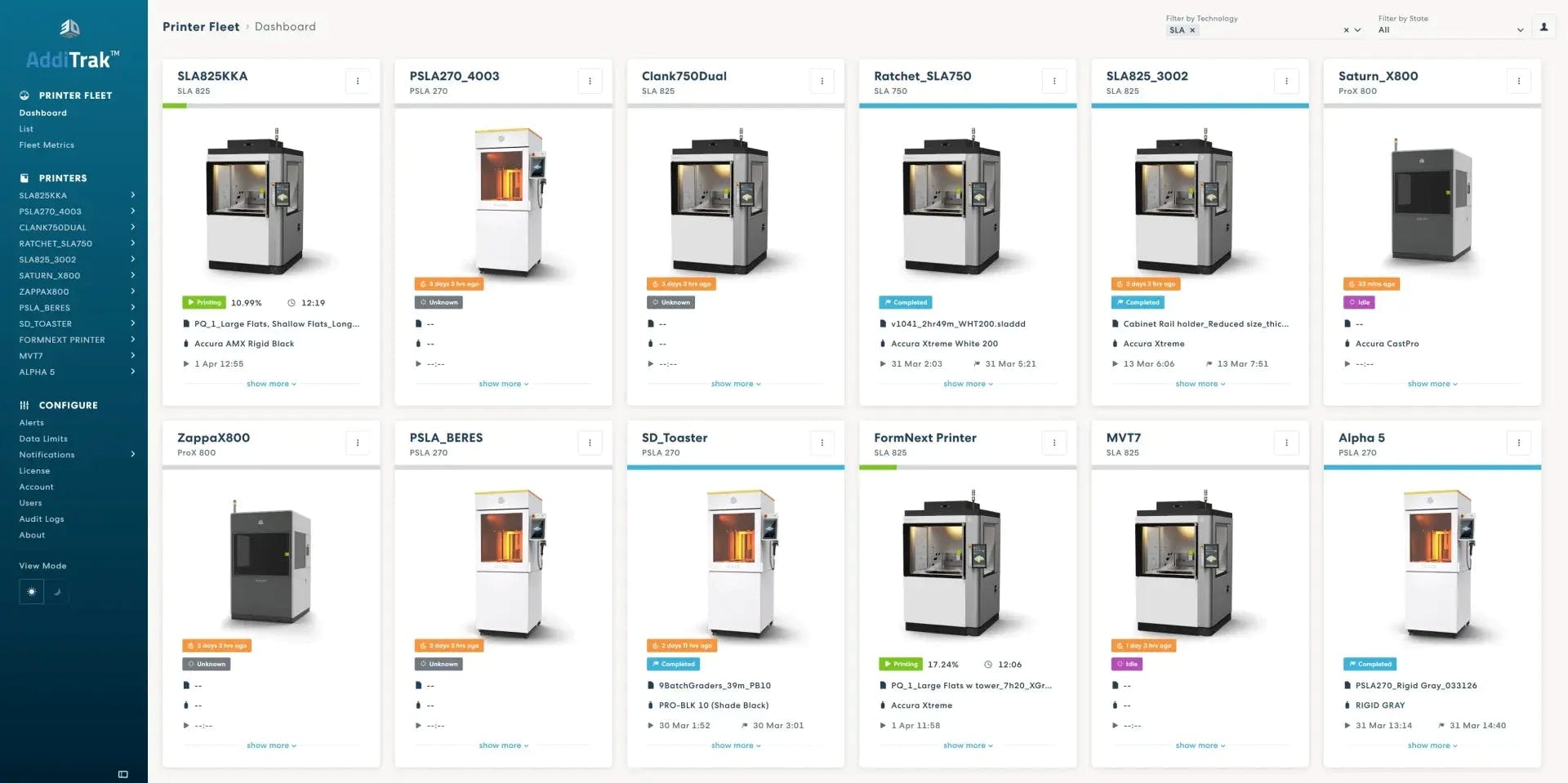 Various printers shown on the screen in AddiTrak 3D printer management software