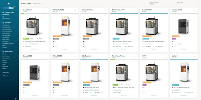 Various printers shown on the screen in AddiTrak 3D printer management software