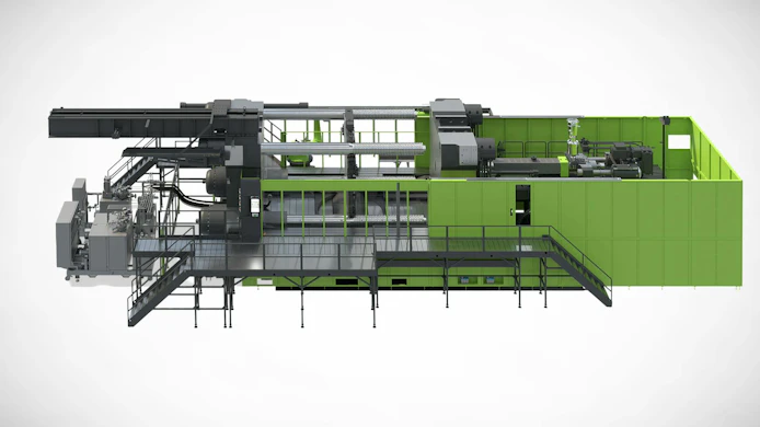 Engel's new system for Clearmelt PU coating, shown on a Duo 5500 combi M injection molding machine, requires around 25 percent less floor space and operates with shorter PU feed lines.
