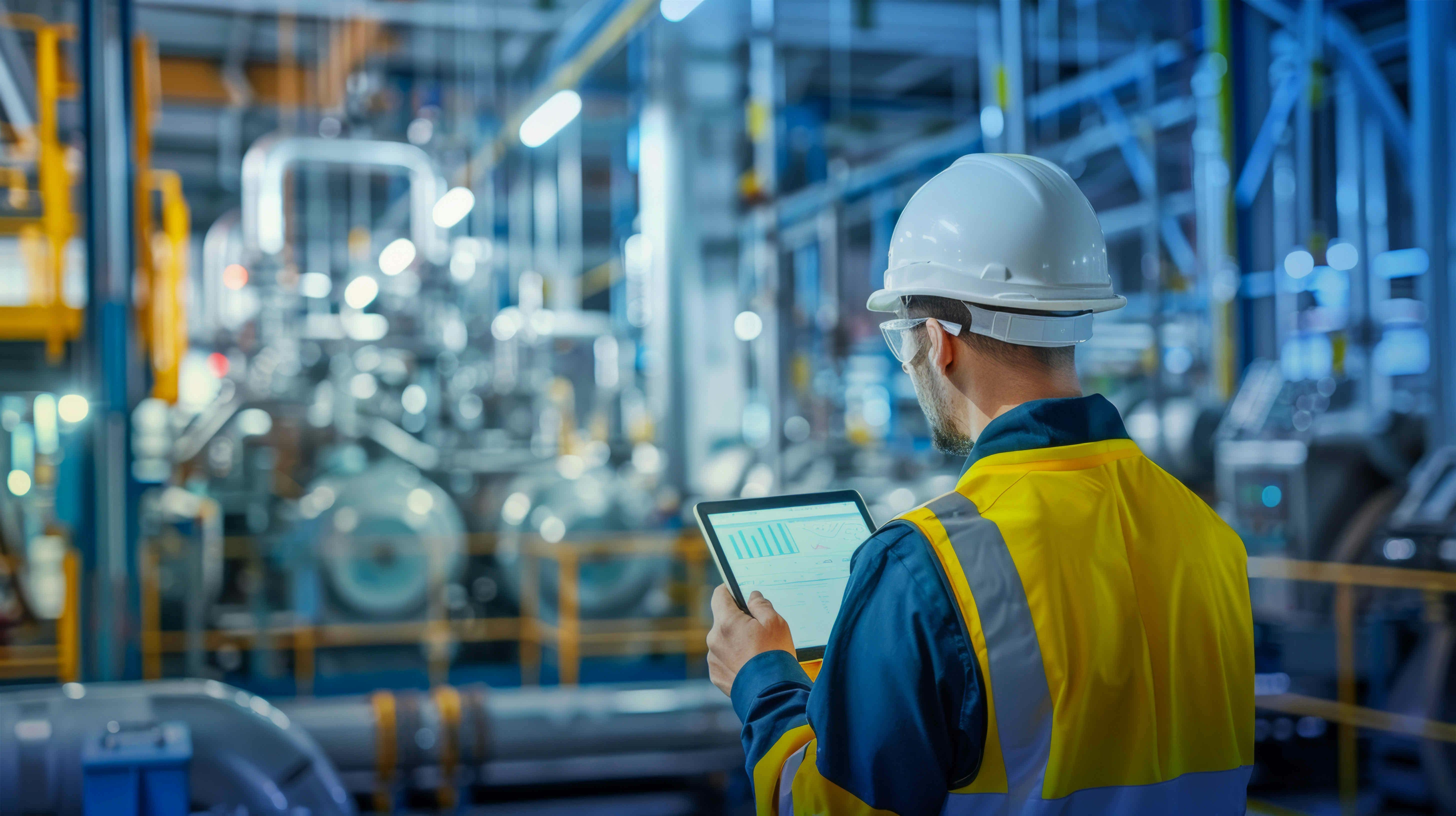 Man in a hard hat with a tablet watches a manufacturing line.