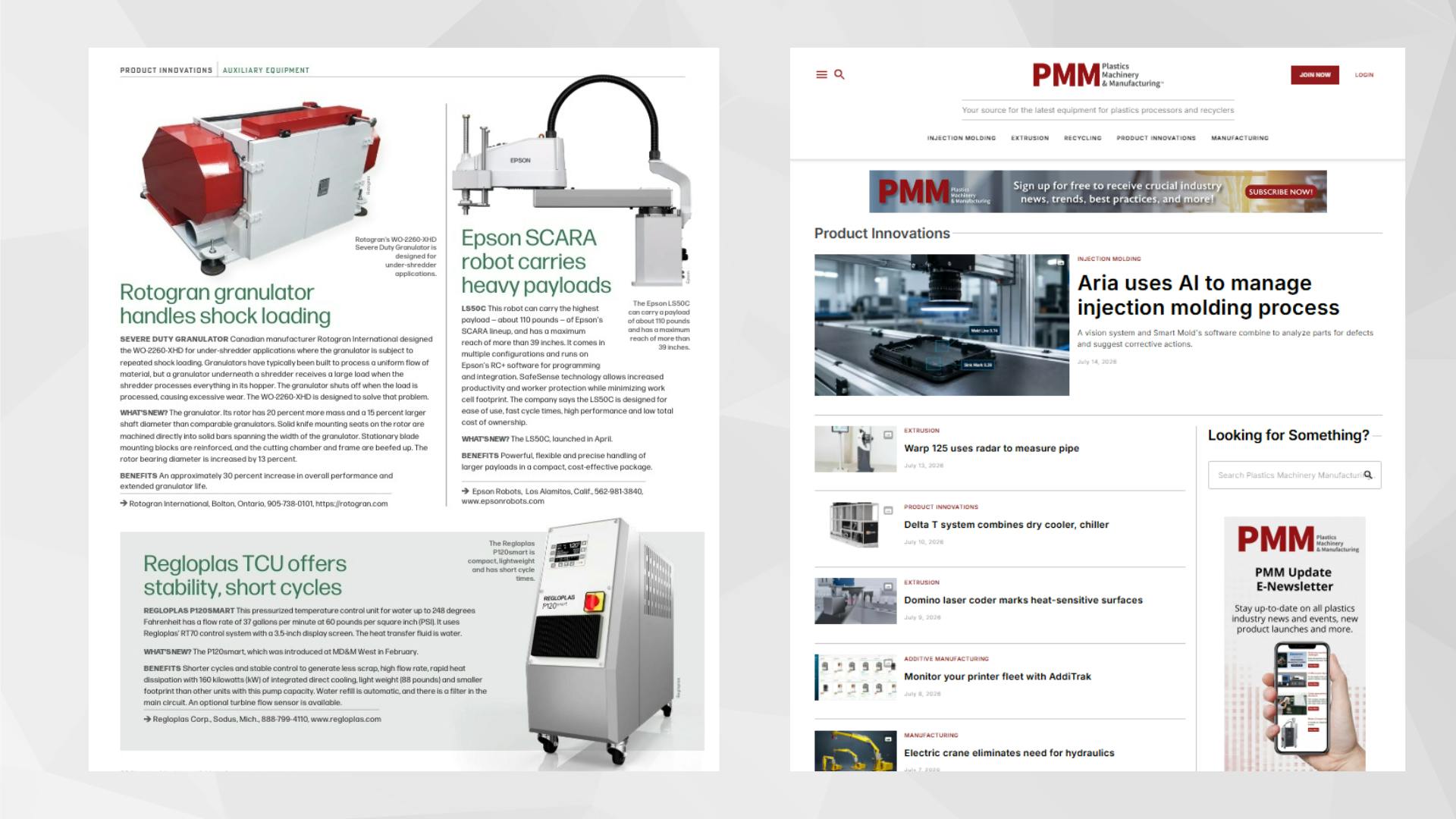 Pages from Plastics Machinery & Manufacturing's print and online product features.