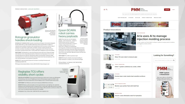 Pages from Plastics Machinery & Manufacturing's print and online product features.