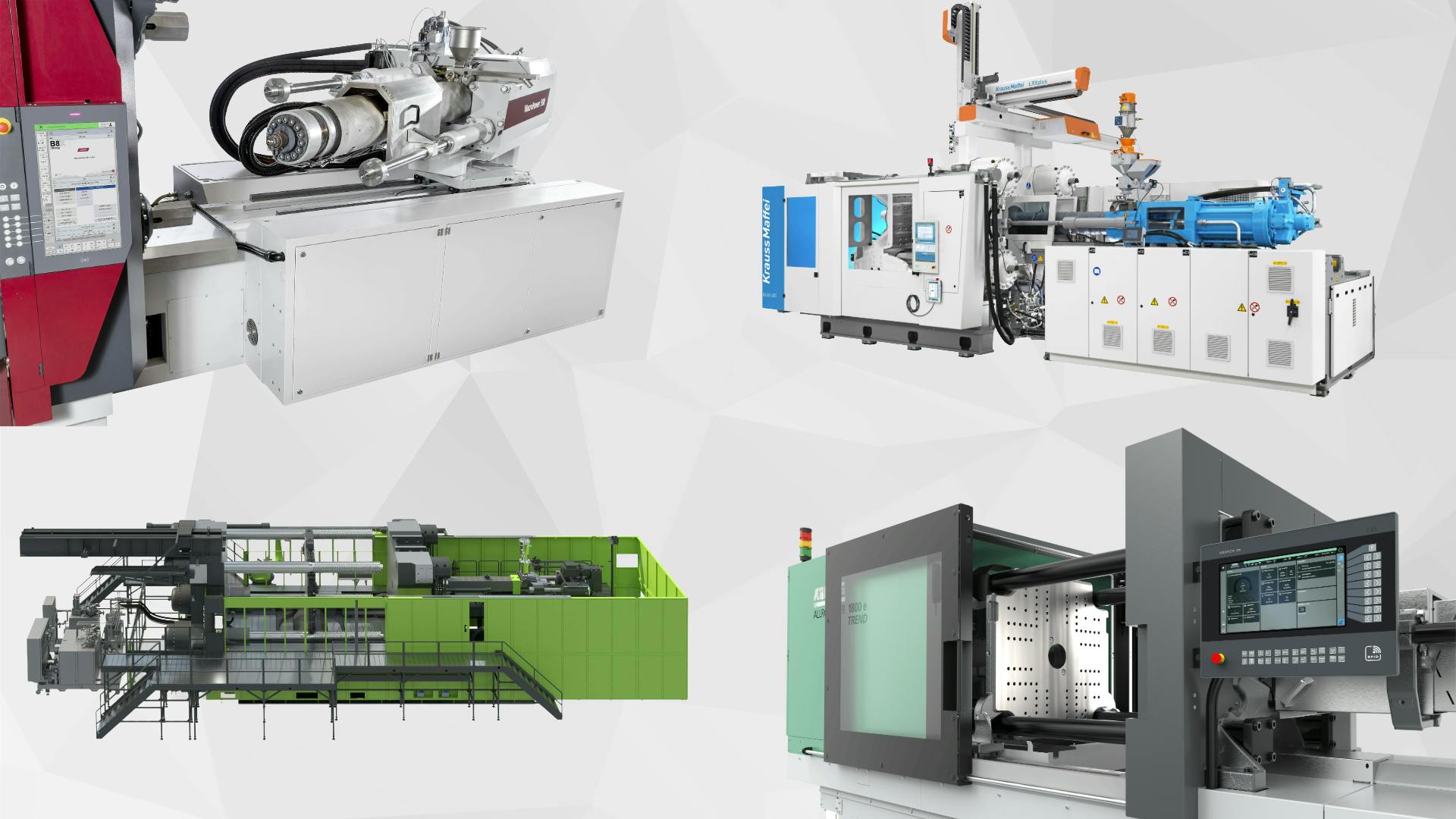 New injection molding technologies by (clockwise from upper left) Wittmann, KraussMaffei, Arburg and Engel.