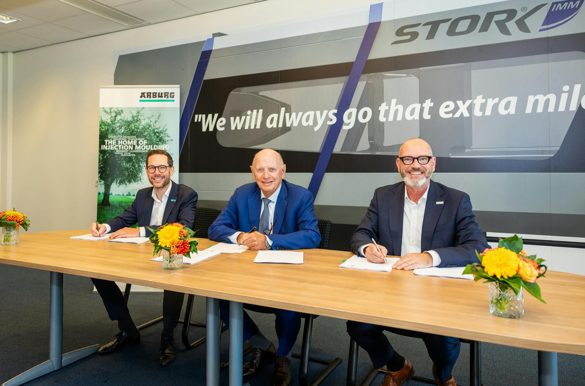 The purchase agreement between Arburg and Stork IMM was signed by (from left) Steffen Kroner, CFO of Arburg; Philip Stibbe, shareholder of Stork IMM and founder of Stibbe Participaties; and Guido Frohnhaus, CTO of Arburg, on July 29, 2026. in Hengelo, the Netherlands.