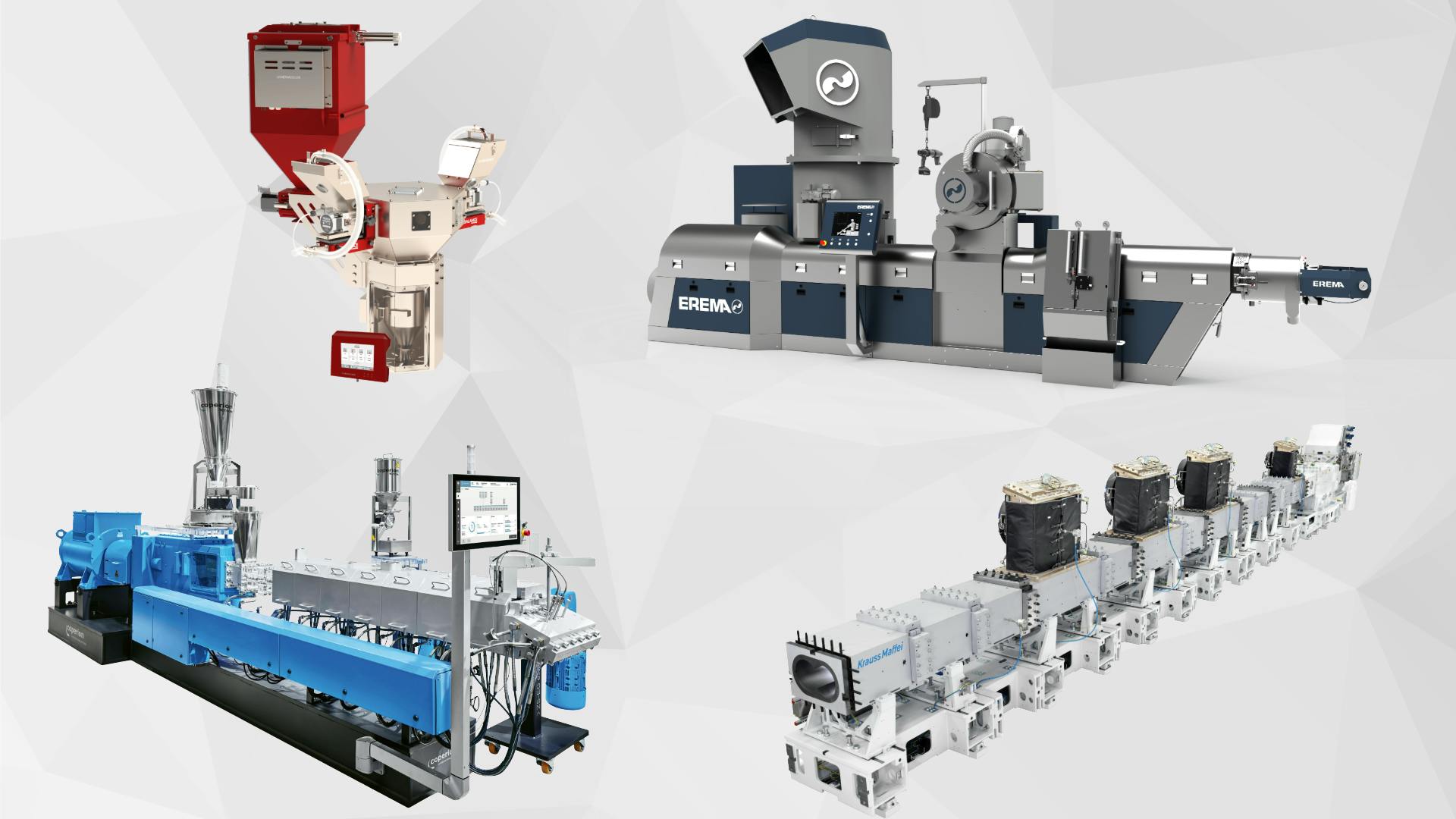 Among companies offering new and upgraded extrusion technologies are (clockwise from top left) Movacolor, Erema, KraussMaffei and Coperion.