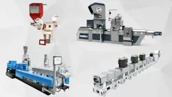 Among companies offering new and upgraded extrusion technologies are (clockwise from top left) Movacolor, Erema, KraussMaffei and Coperion.