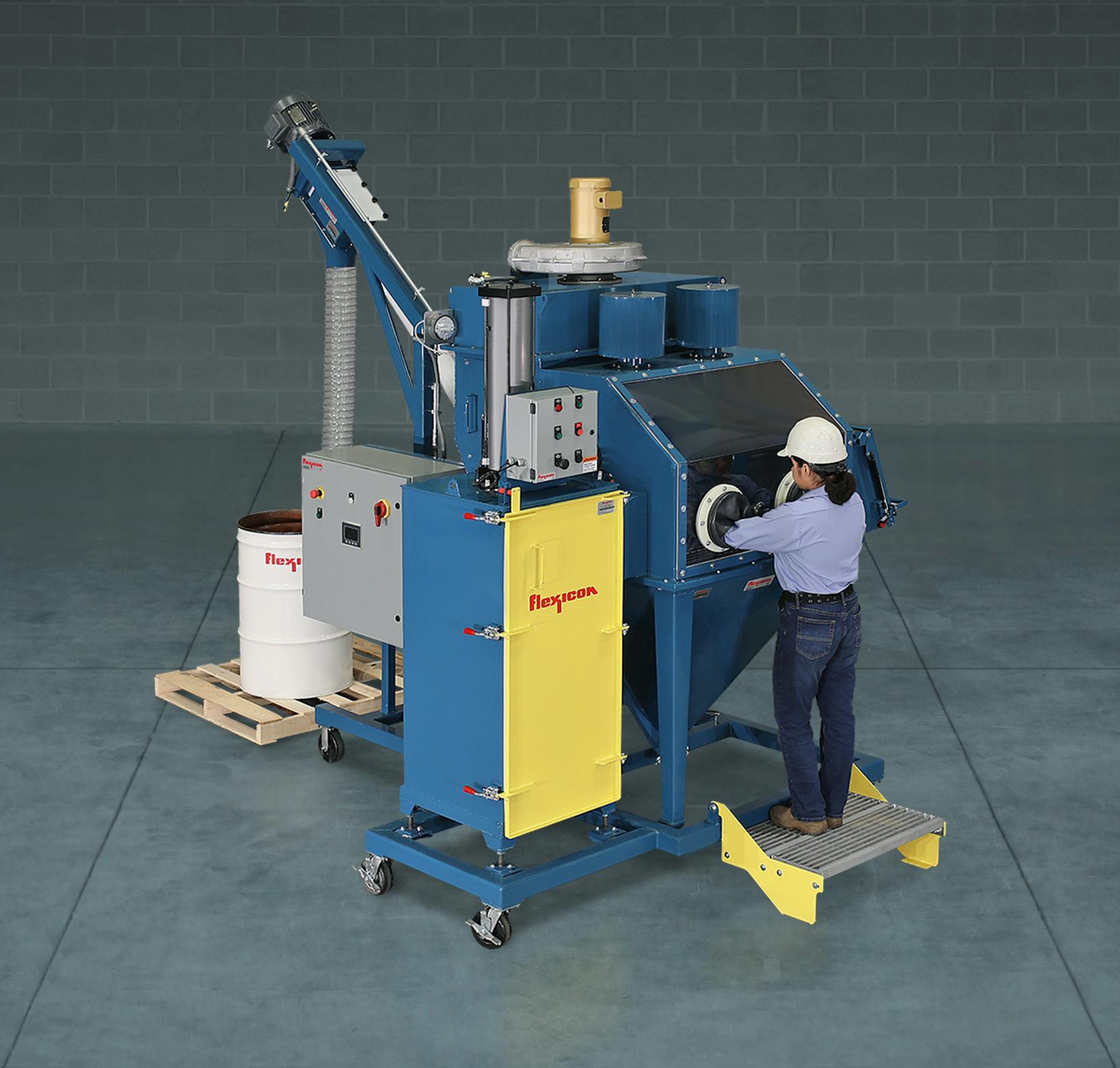 Flexicon's mobile bag dumping system includes a glove box, bag compactor and flexible screw conveyor.