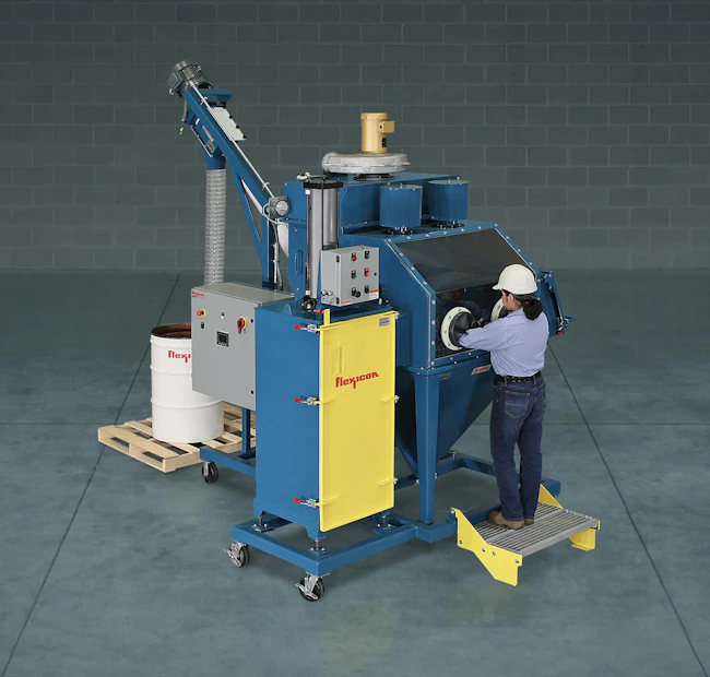 Flexicon's mobile bag dumping system includes a glove box, bag compactor and flexible screw conveyor.