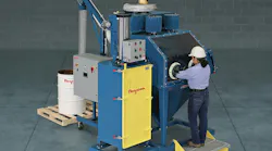 Flexicon's mobile bag dumping system includes a glove box, bag compactor and flexible screw conveyor.