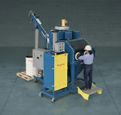 Flexicon's mobile bag dumping system includes a glove box, bag compactor and flexible screw conveyor.