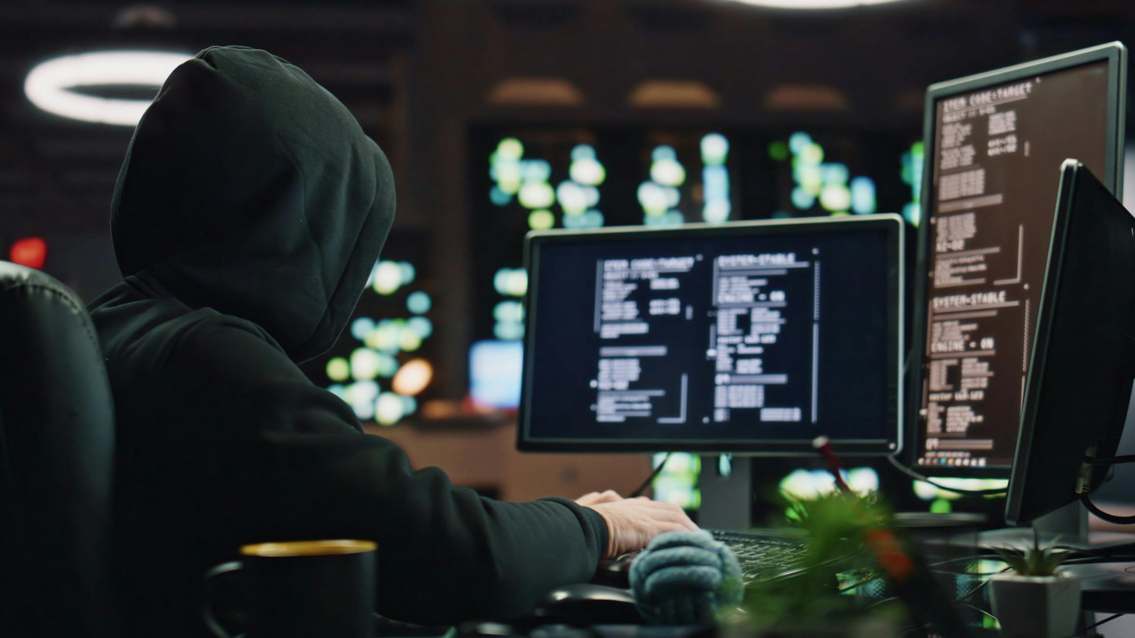 Hacker in a hoodie works on a computer.
