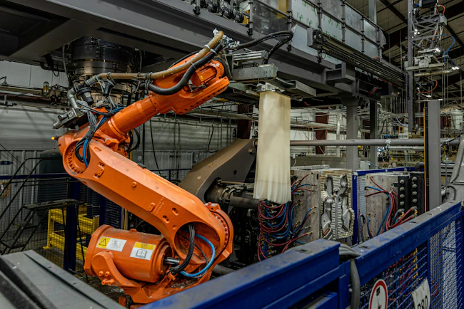 An orange industrial robot on an extrusion blow molding line.