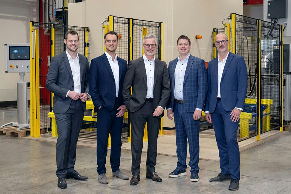 The Laserax and SLCR management team includes, from left, David Schiffer, Steffen Neuhaus, Olav G. Schulz, Xavier Godmaire and Nicolas Otis.