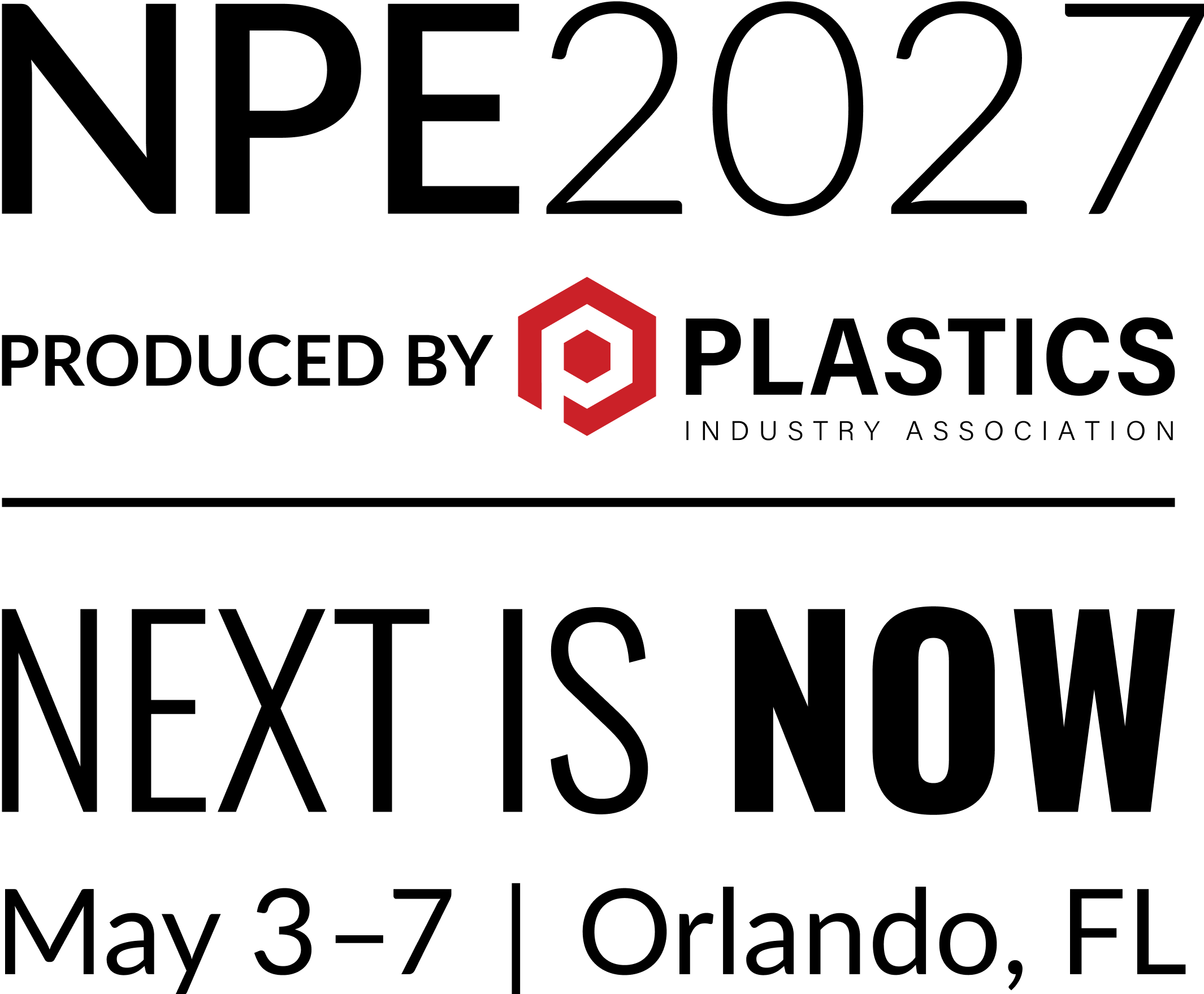 Black and white logo for NPE2027, Next is Now, May 3-7, Orlando, Fla.