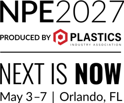 Black and white logo for NPE2027, Next is Now, May 3-7, Orlando, Fla.