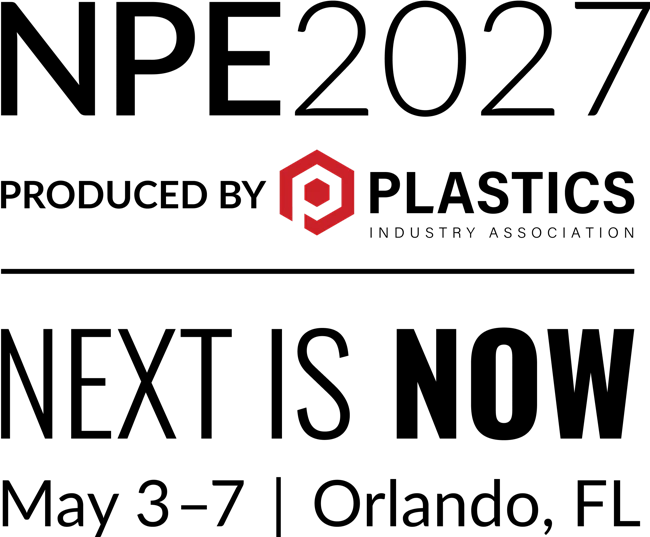 Black and white logo for NPE2027, Next is Now, May 3-7, Orlando, Fla.