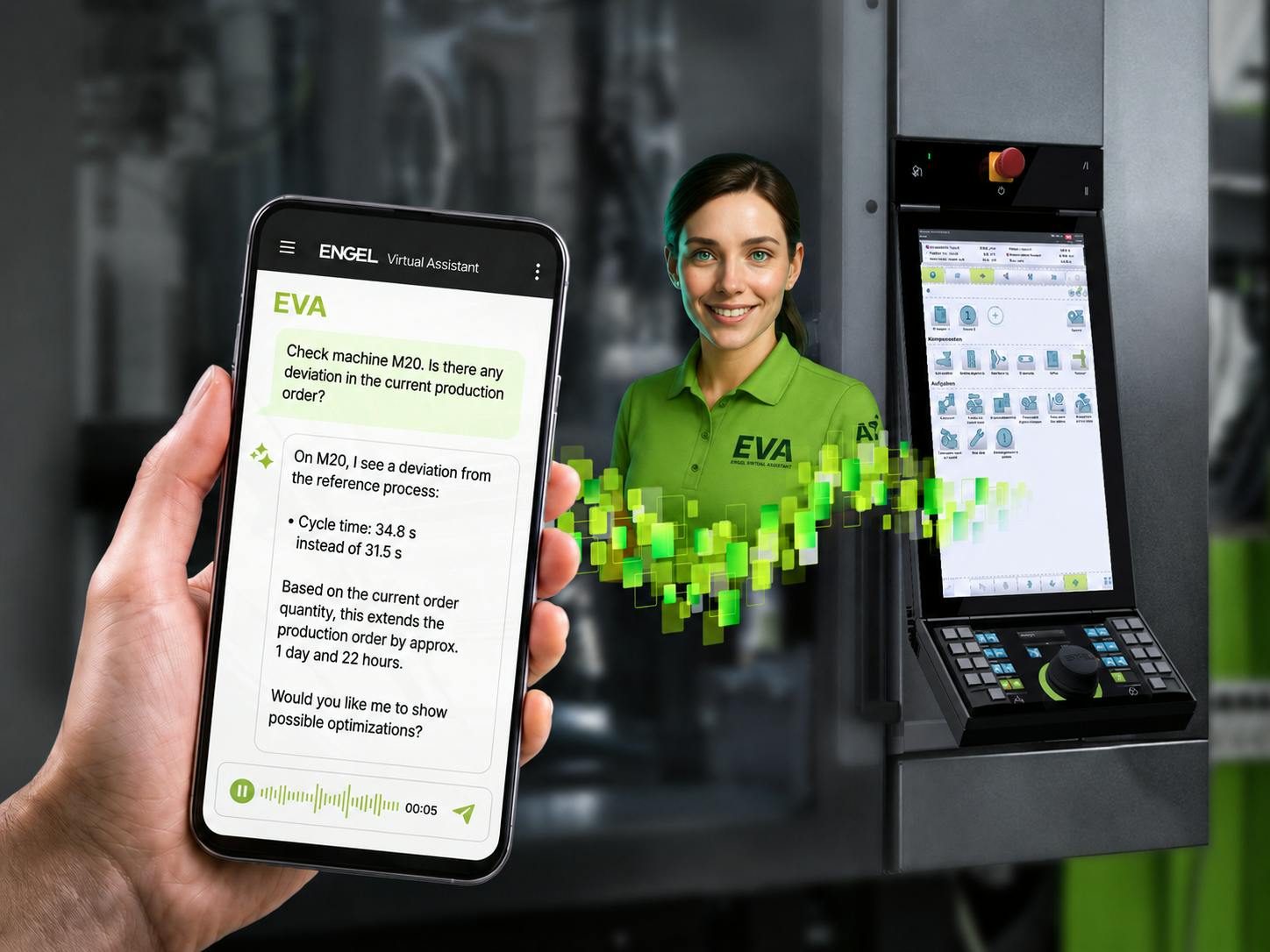 Operator holds smartphone communicating to injection molding machine via EVA digital assistant