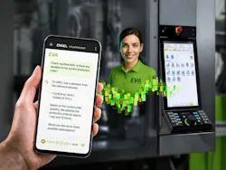 Operator holds smartphone communicating to injection molding machine via EVA digital assistant