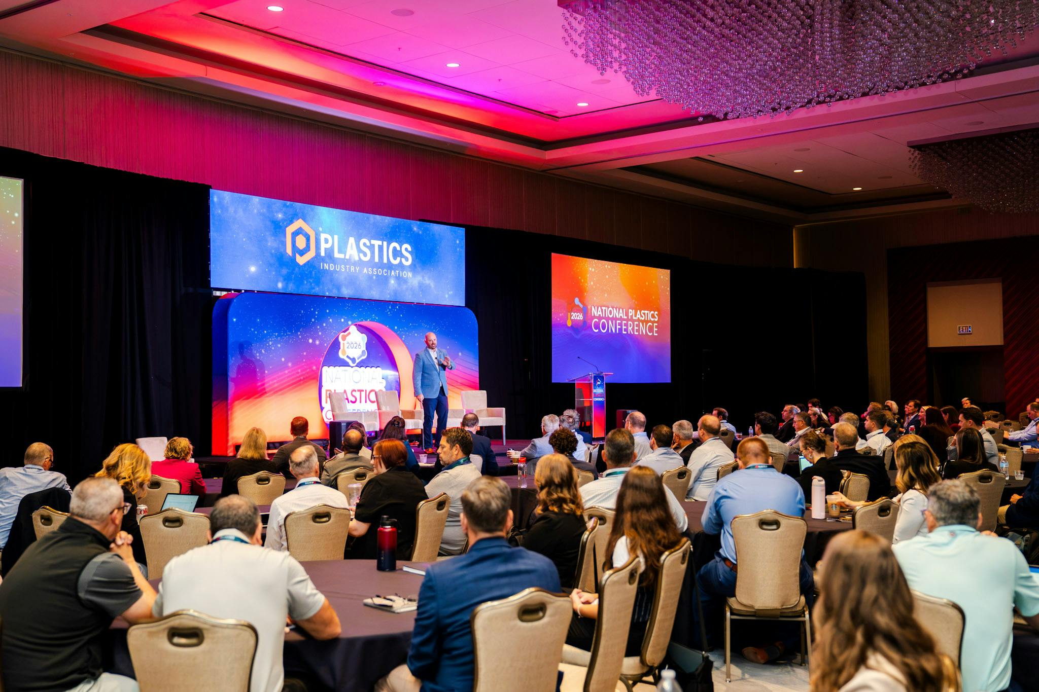 Matt Seaholm, president and CEO of the Plastics Industry Association (PLASTICS), speaks on the opening day of the National Plastics Conference Sept. 14, 2026, in Houston.